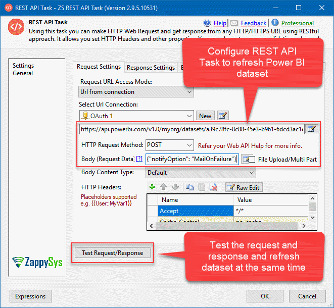 Configuring REST API Task to refresh Power BI dataset using Power BI REST API and SSIS.